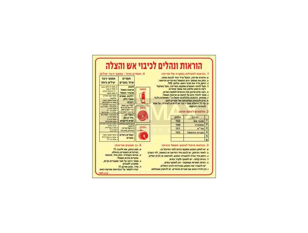 שלט פולט אור הוראות ונהלים לכיבוי אש והצלה גודל 30X30 מספר 780 3
