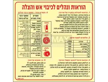 שלט פולט אור הוראות ונהלים לכיבוי אש והצלה גודל 30X30 מספר 780