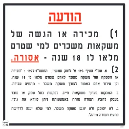 שלט מכירה או הגשה של משקאות משכרים למי שטרם מלאו לו 18 שנה אסורה גודל 50X50 מספר 991
