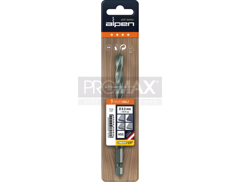 מקדח עץ מפלדת HSS עם חיבור משושה לאימפקט 3מ"מ ALPEN
