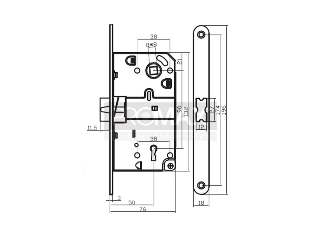 מנעול מפתח 50 מ"מ (לשונית מרכזית) בבליסטר 7